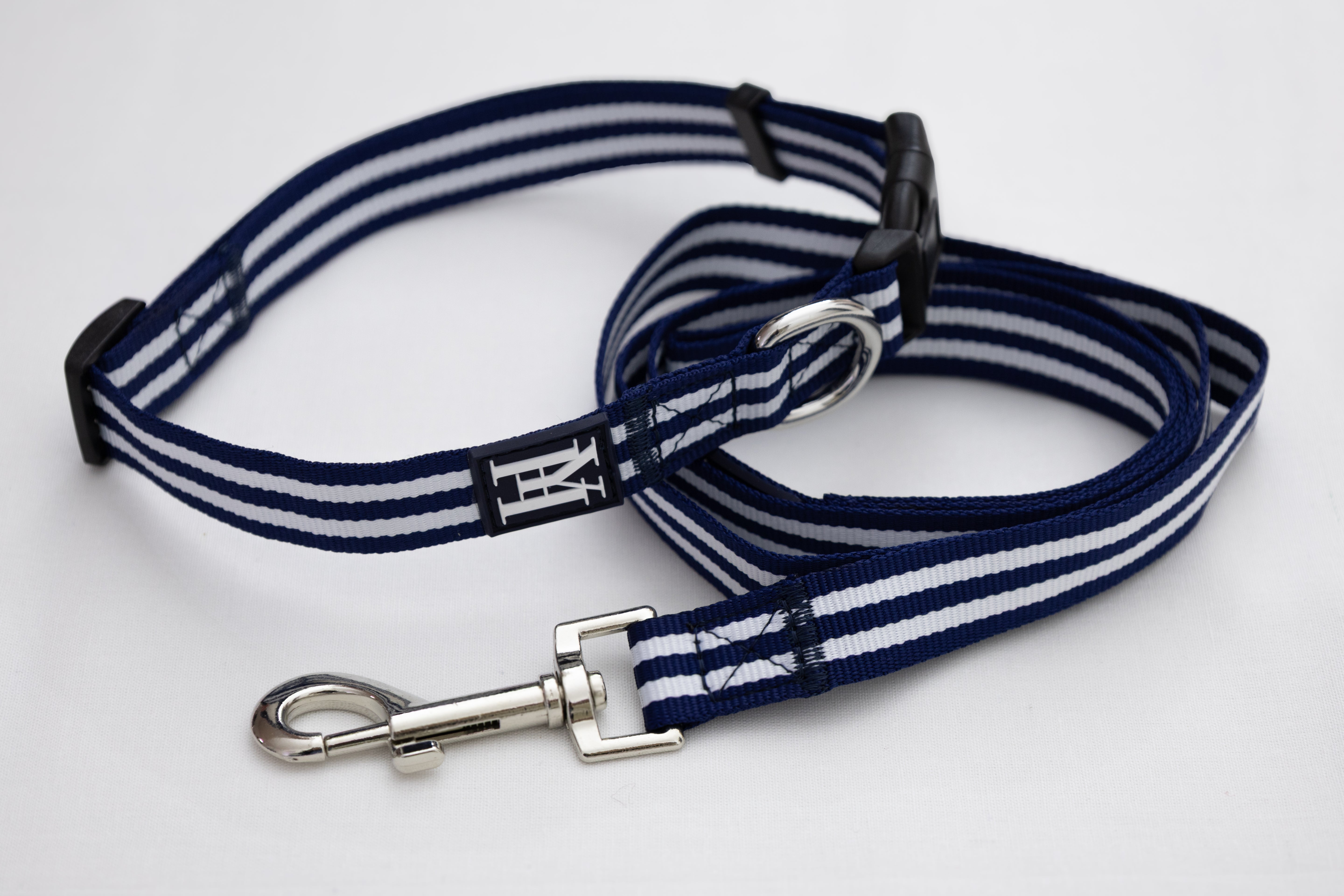 Collier et laisse marine et blanc